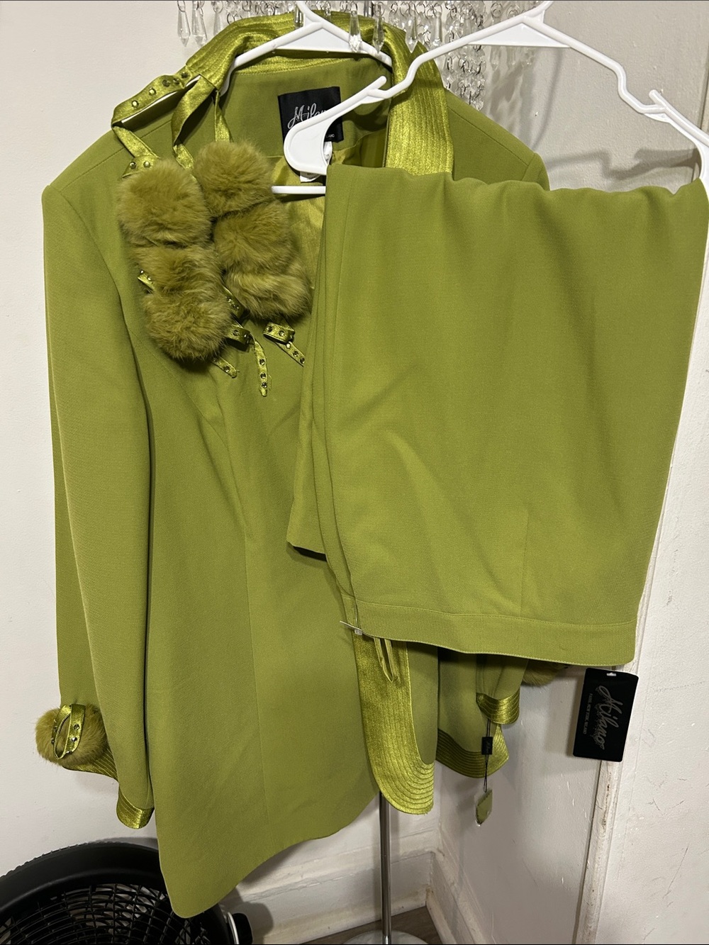 Milano Chartreuse Women's  Set Blazer with Satin Trim and Pom Accents and Skirt - Picture 7 of 10
